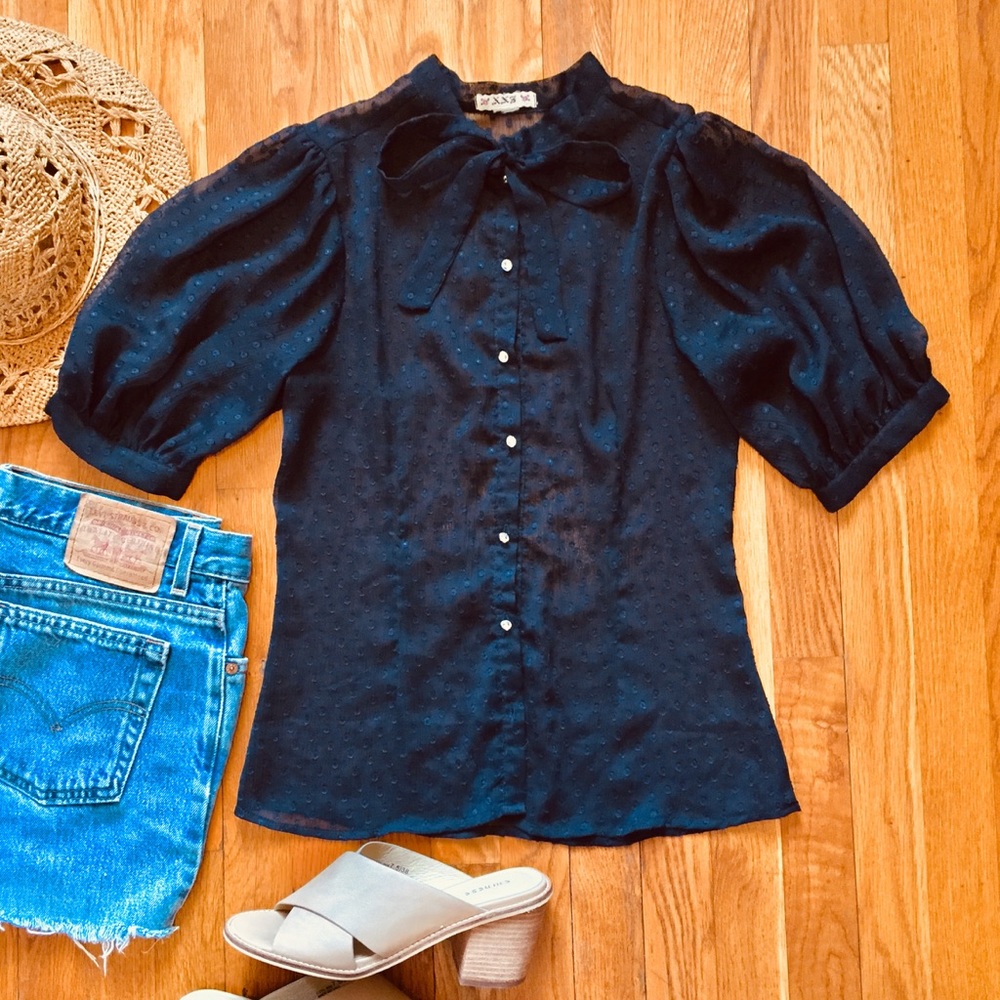 Forever 21 Navy Sheer Button Down Career Blouse